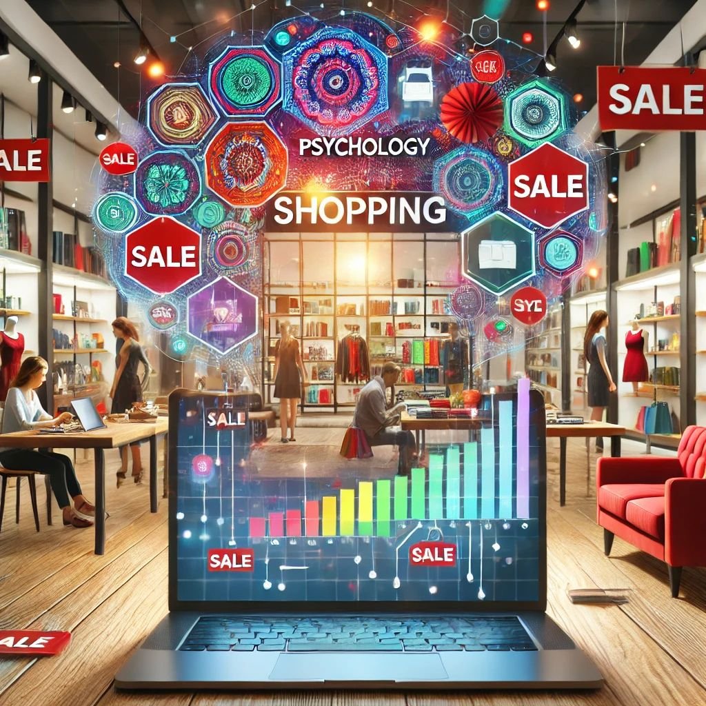 Illustration of the psychology of shopping, showcasing a vibrant retail store with customers browsing, colorful sale signs, and strategically arranged products on shelves. In the foreground, an open laptop displays an online shopping platform, emphasizing the connection between physical and digital shopping experiences. The scene features warm, inviting lighting and a consumer-focused atmosphere.